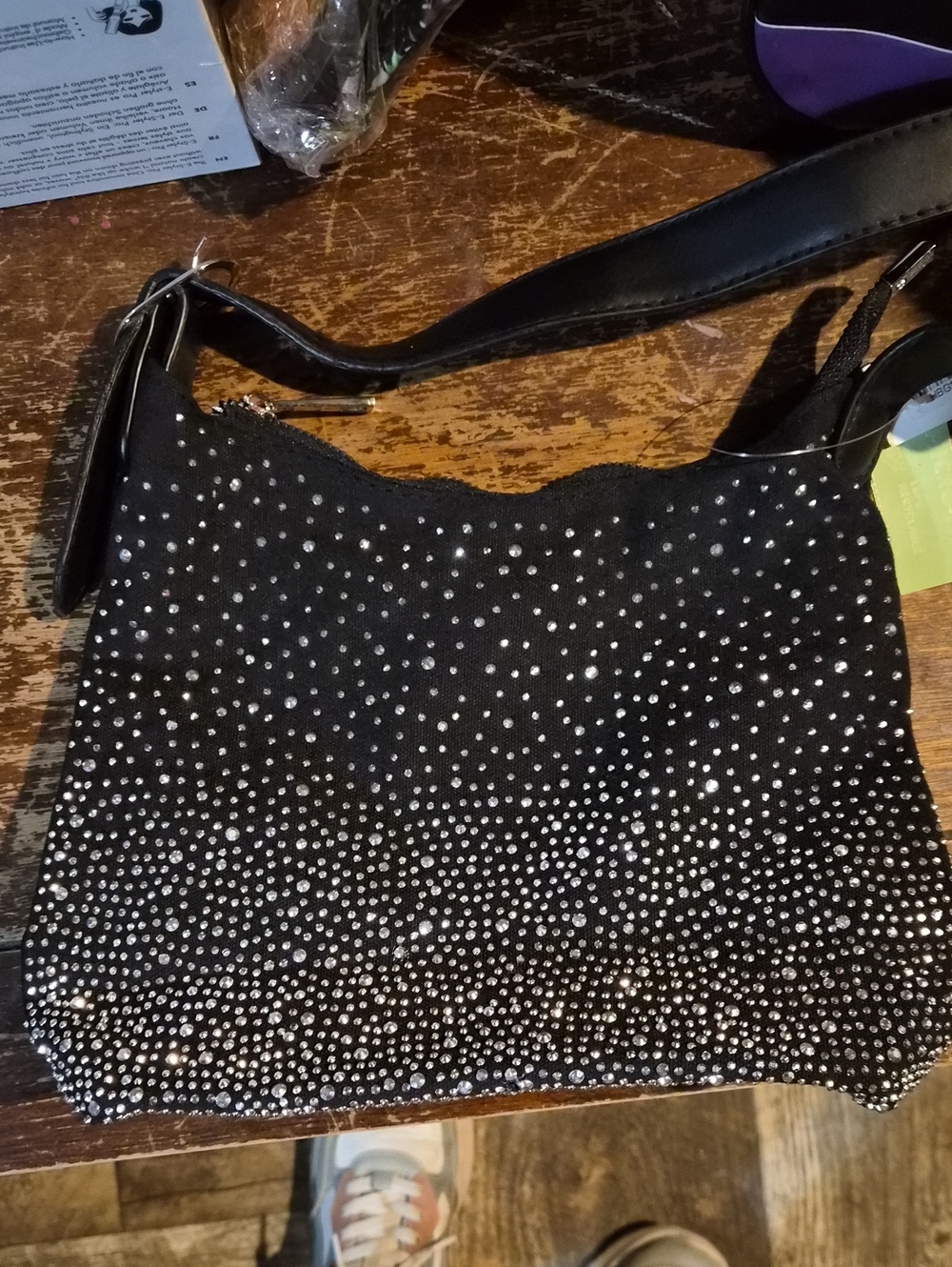 Source Unknown Black Shoulder Bag with Rhinestone Accents